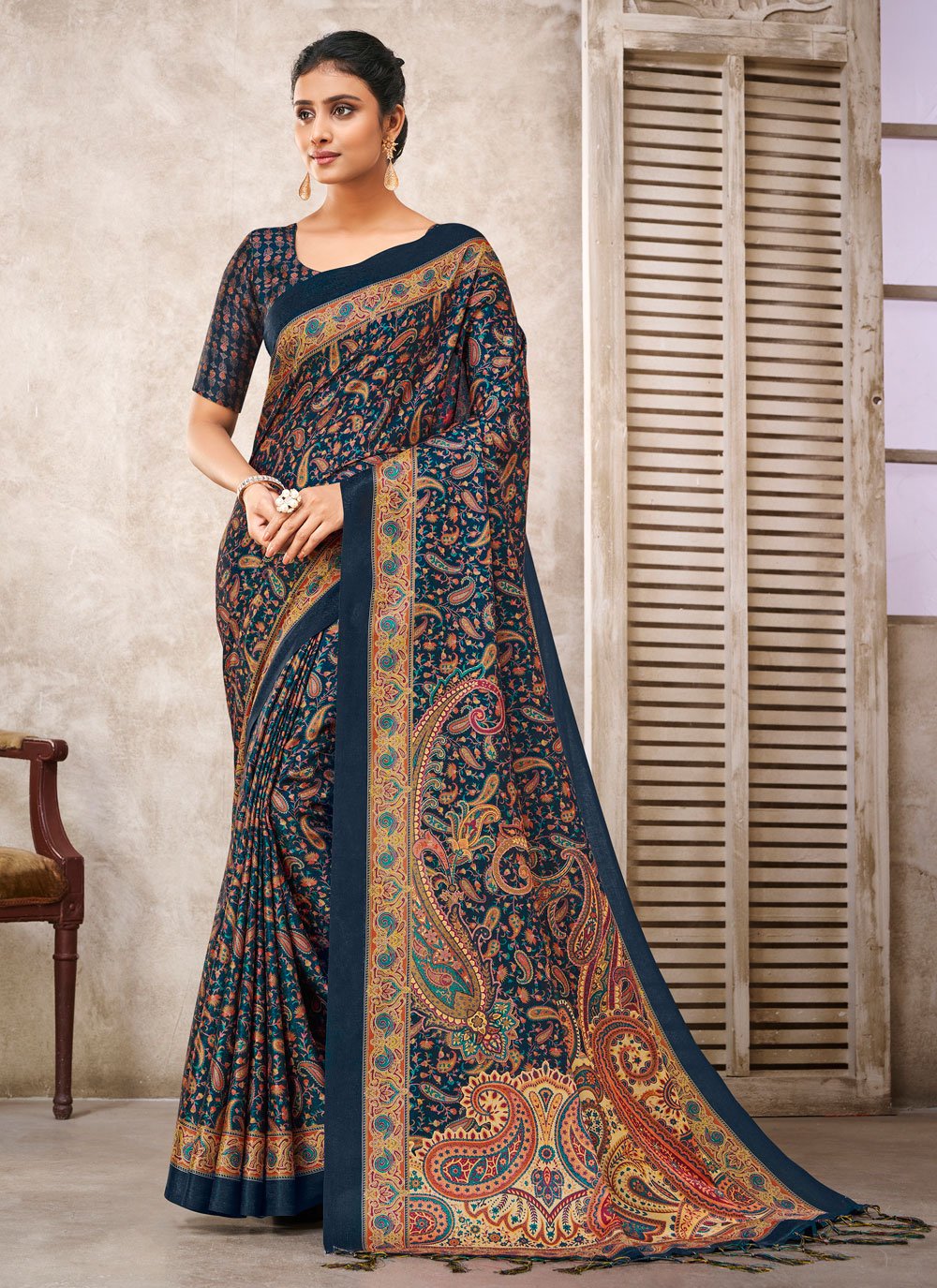 Designer Crepe Silk Morpeach Digital Print Saree