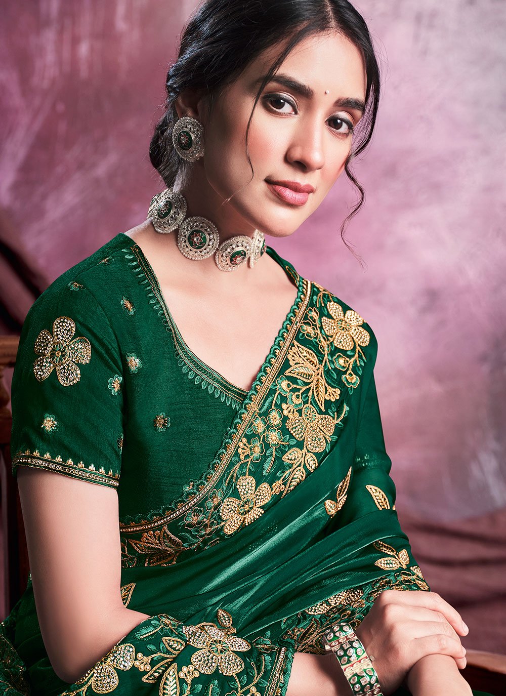 Classic Crepe Silk Organza Green Embroidered Saree