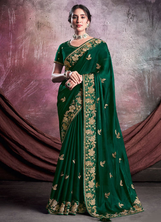 Classic Crepe Silk Organza Green Embroidered Saree