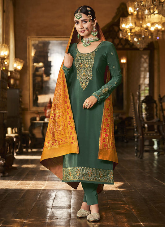 Salwar Suit Crepe Silk Green Embroidered Salwar Kameez