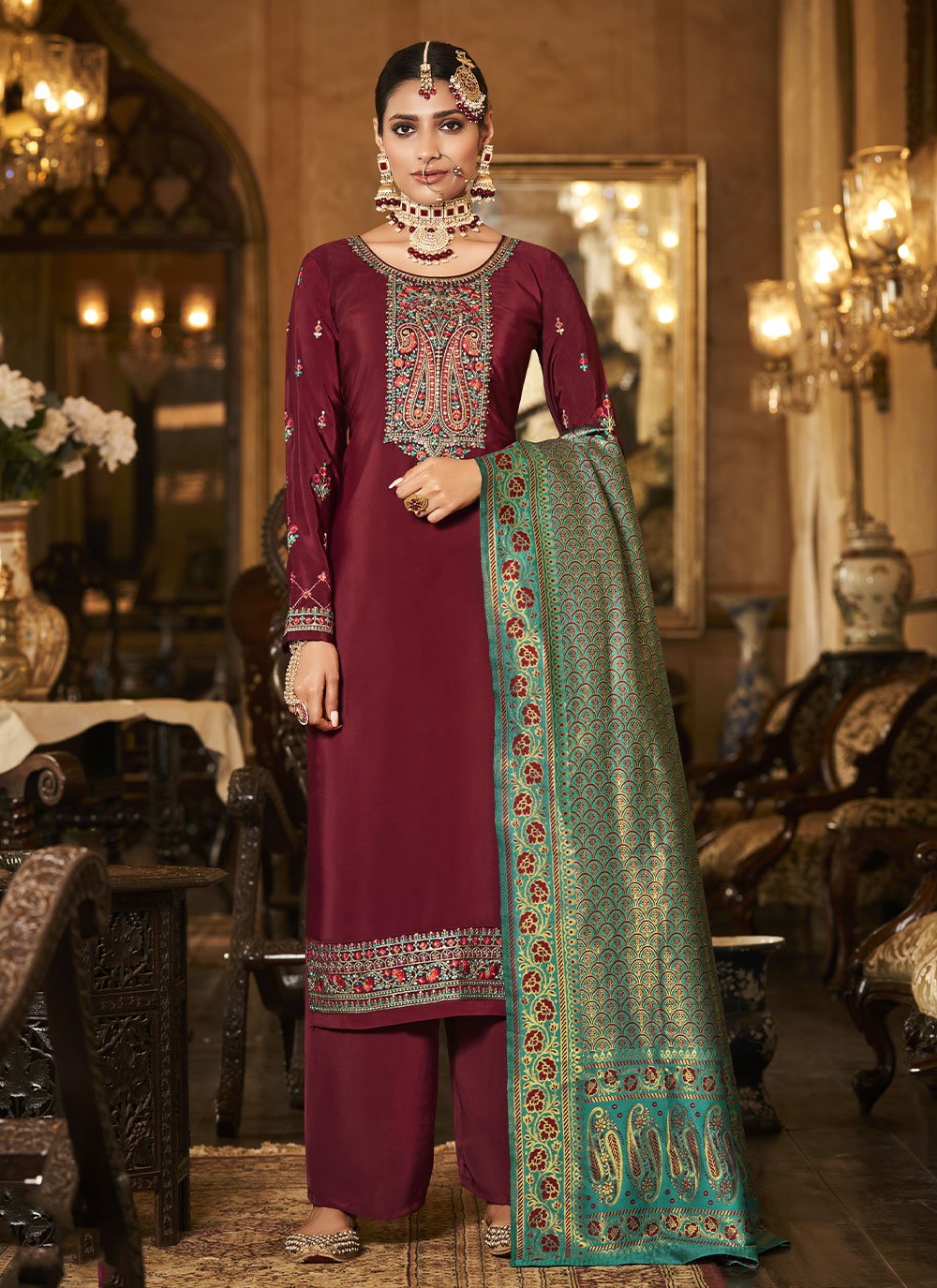 Trendy Suit Crepe Silk Maroon Embroidered Salwar Kameez