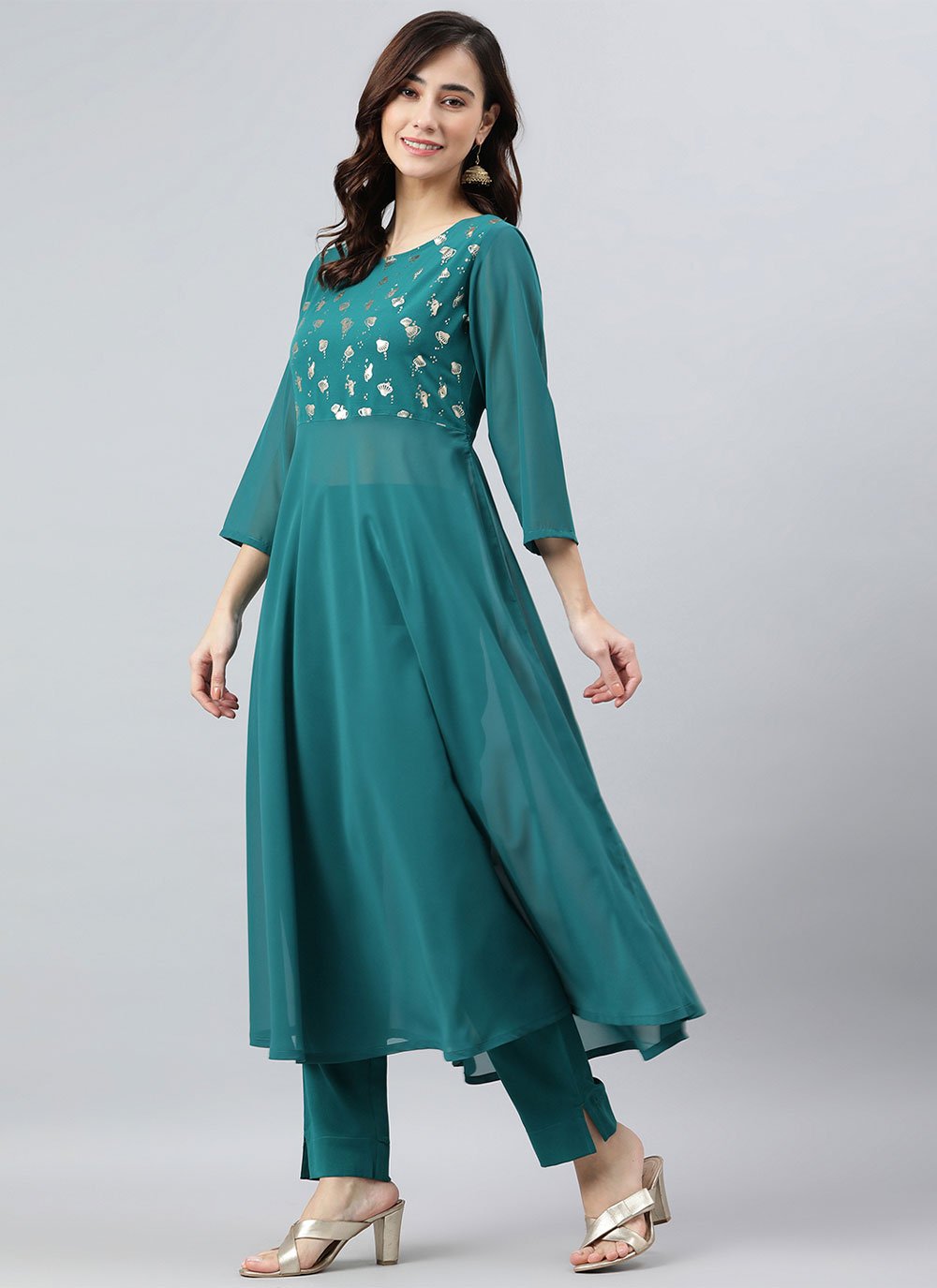 Anarkali Suit Crepe Silk Teal Foil Print Salwar Kameez