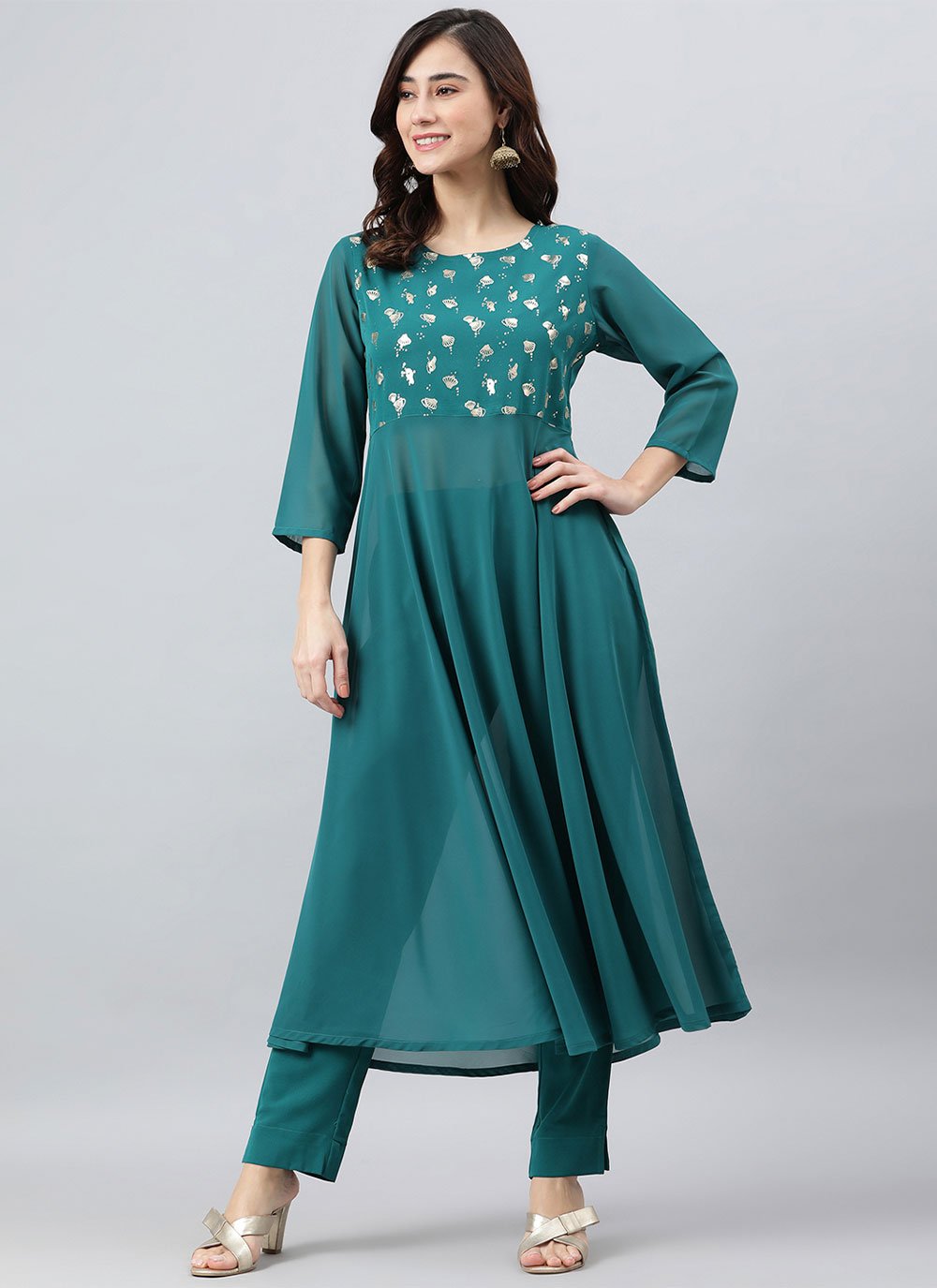 Anarkali Suit Crepe Silk Teal Foil Print Salwar Kameez