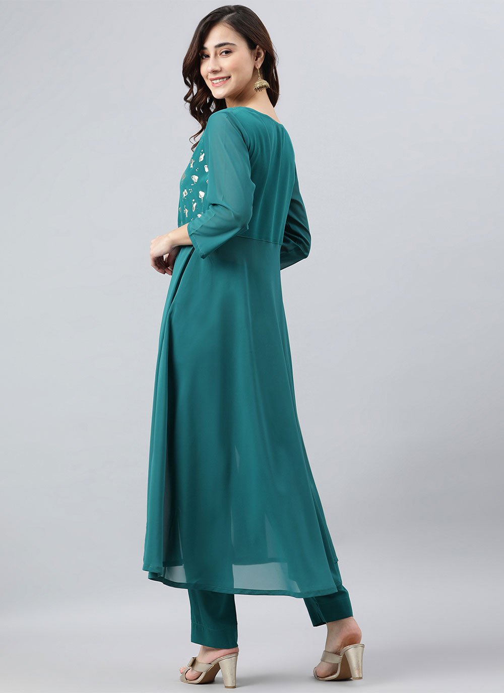 Anarkali Suit Crepe Silk Teal Foil Print Salwar Kameez