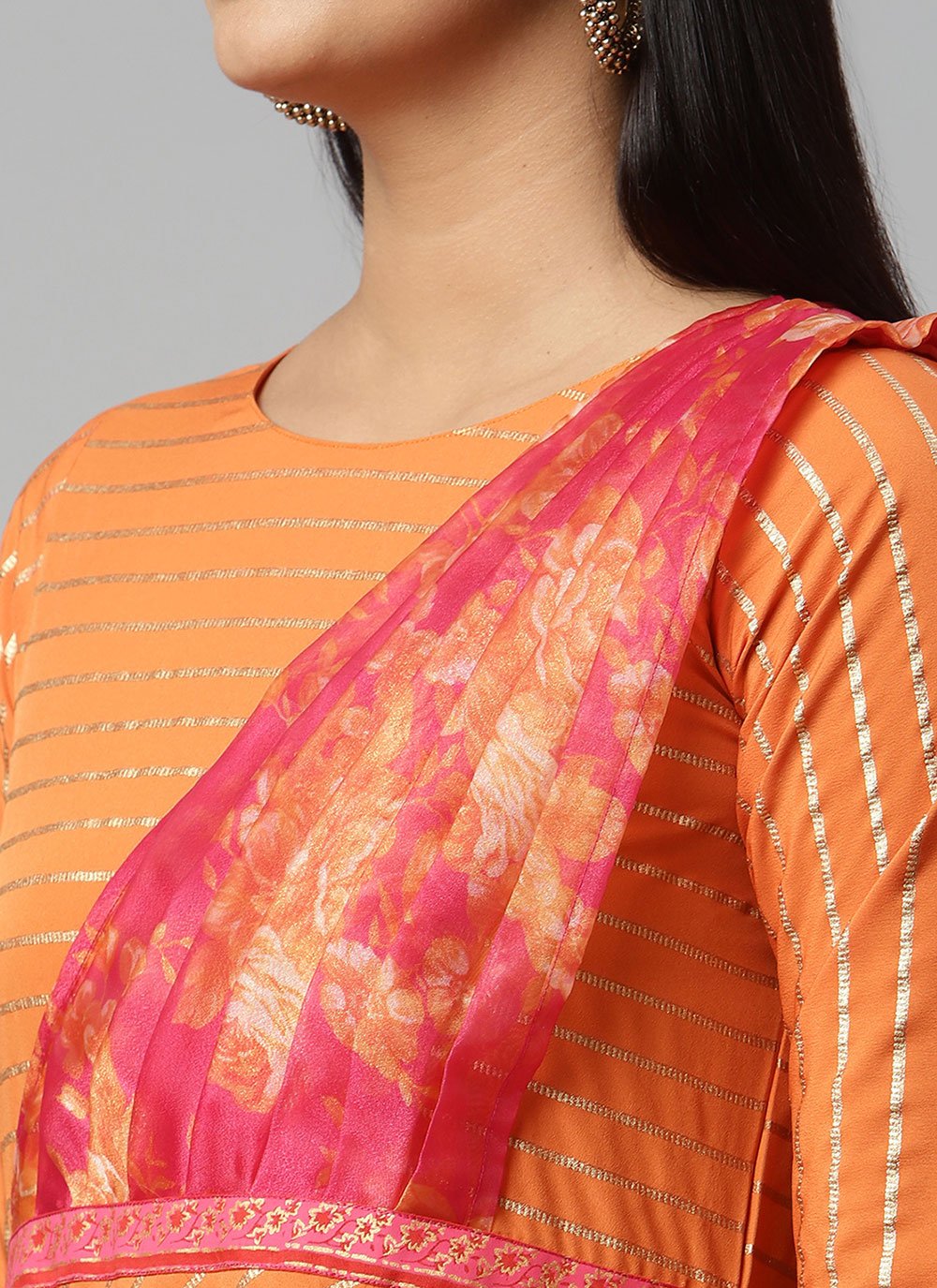 Floor Length Kurti Crepe Silk Orange Strips Print Kurtis