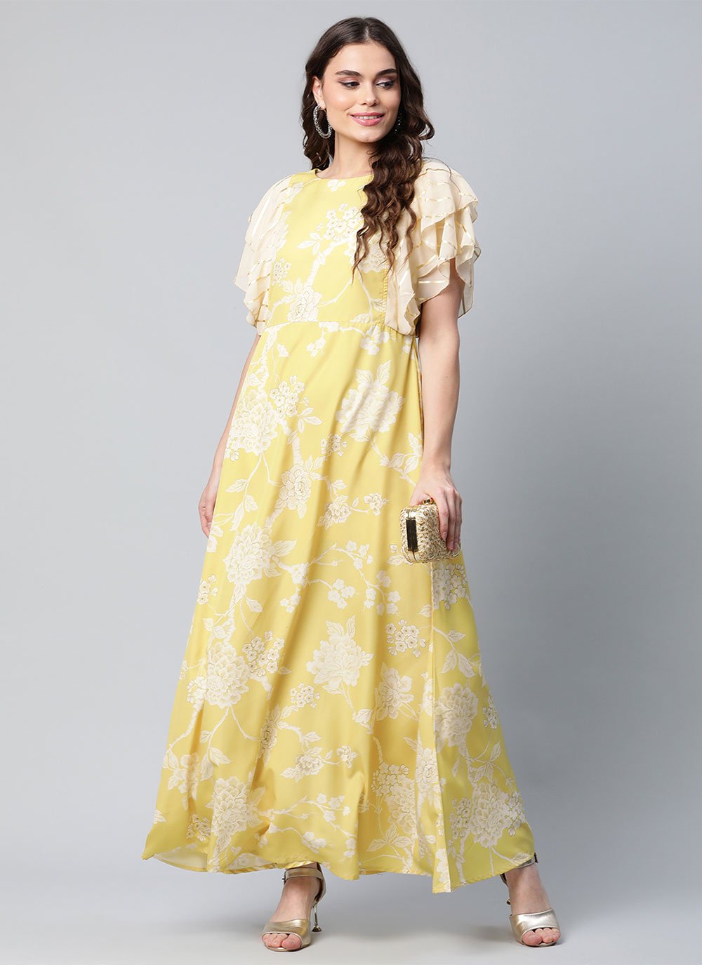 Floor Length Kurti Crepe Silk Yellow Digital Print Kurtis