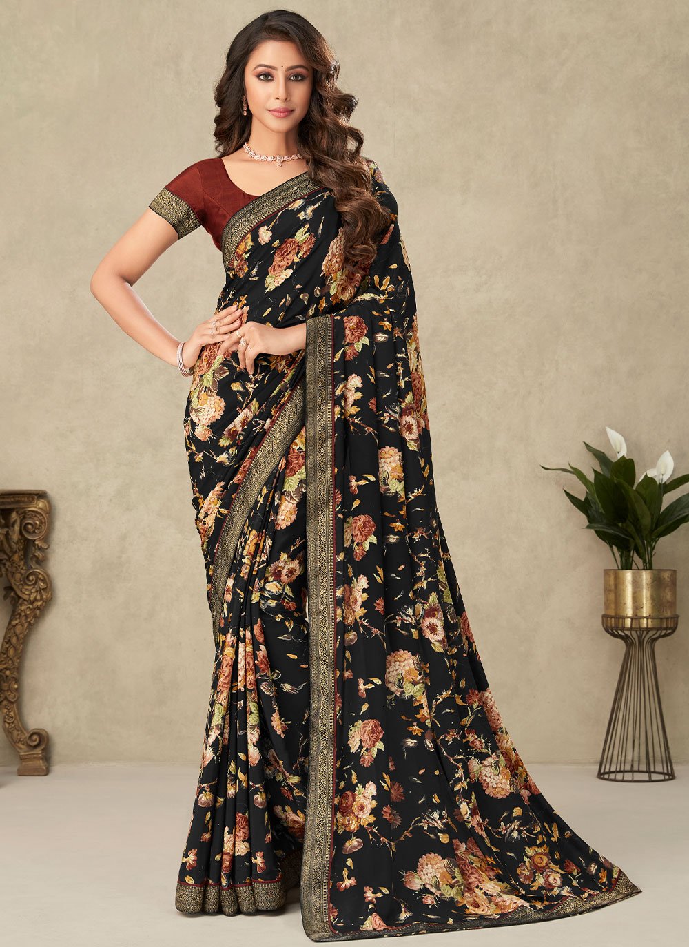 Classic Crepe Silk Black Floral Patch Saree