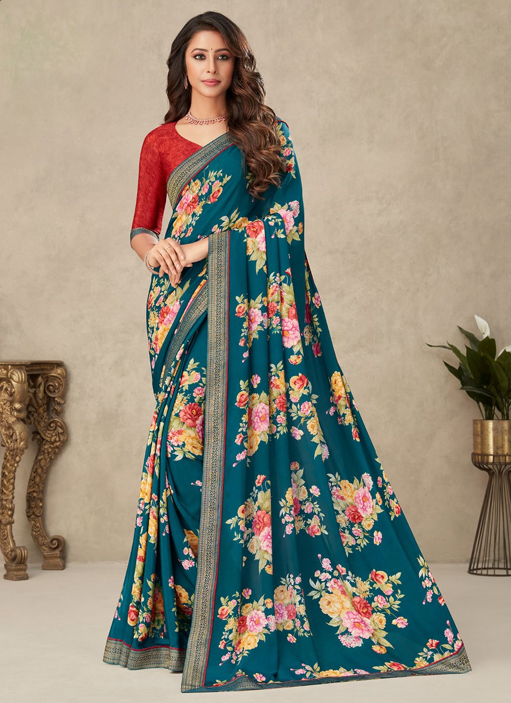 Casual Crepe Silk Teal Floral Patch Saree