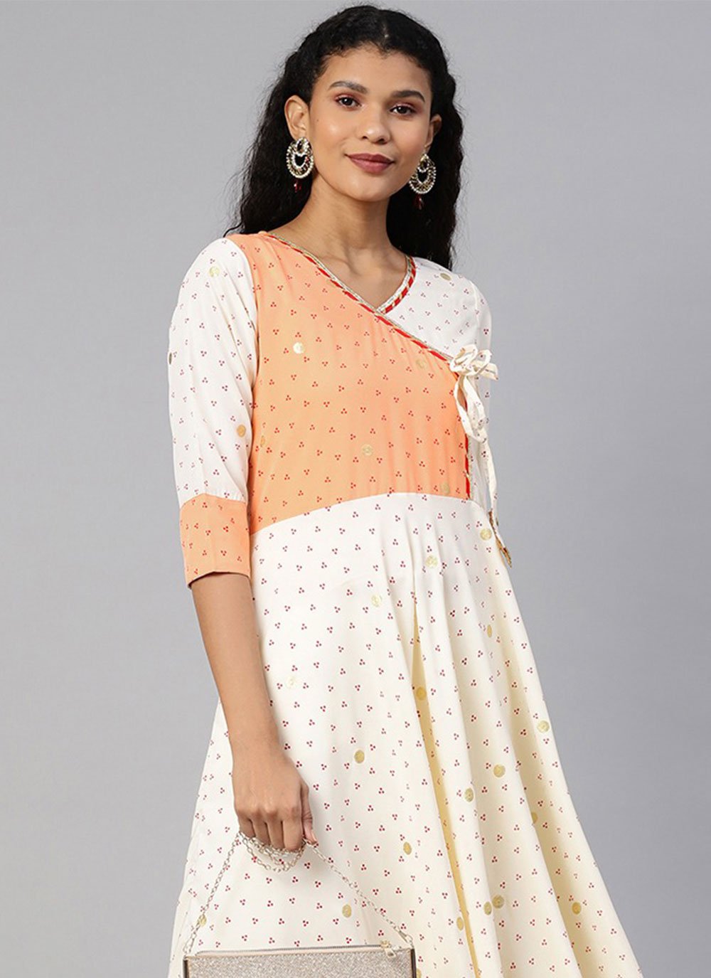 Floor Length Kurti Crepe Silk Off White Foil Print Kurtis