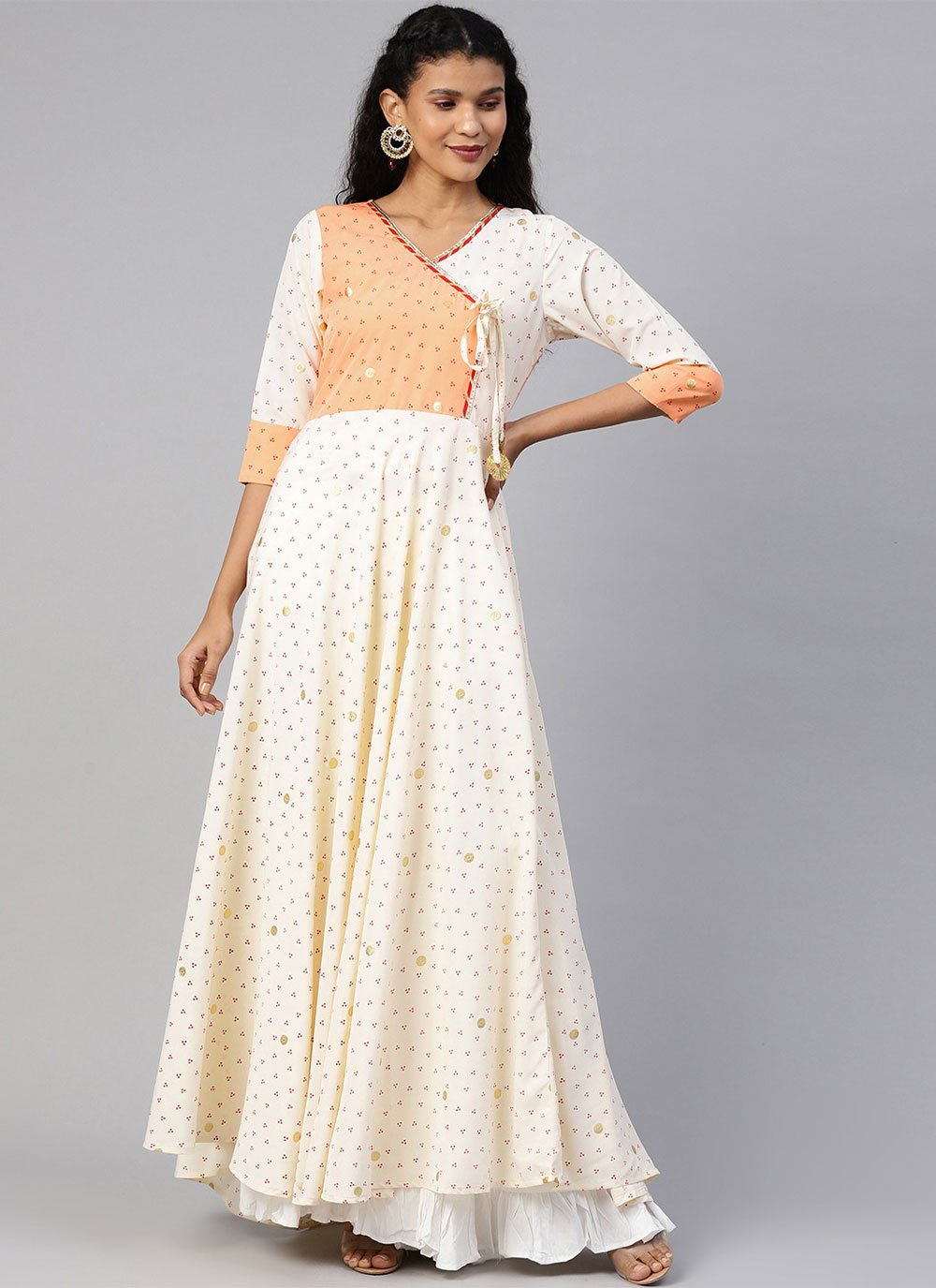 Floor Length Kurti Crepe Silk Off White Foil Print Kurtis