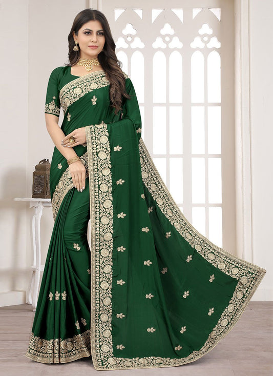 Contemporary Crepe Silk Green Embroidered Saree