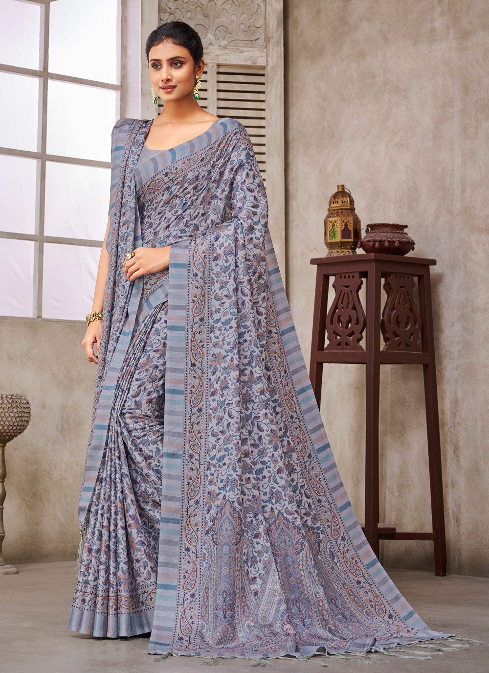 Designer Crepe Silk Grey Digital Print Saree