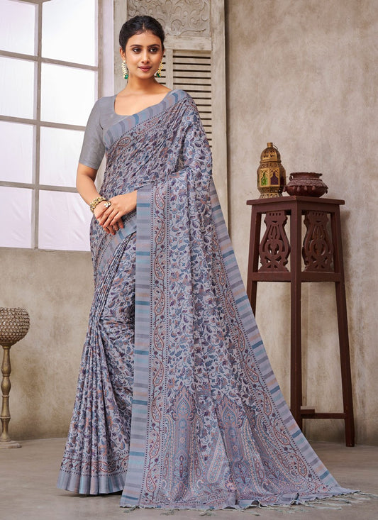 Designer Crepe Silk Grey Digital Print Saree