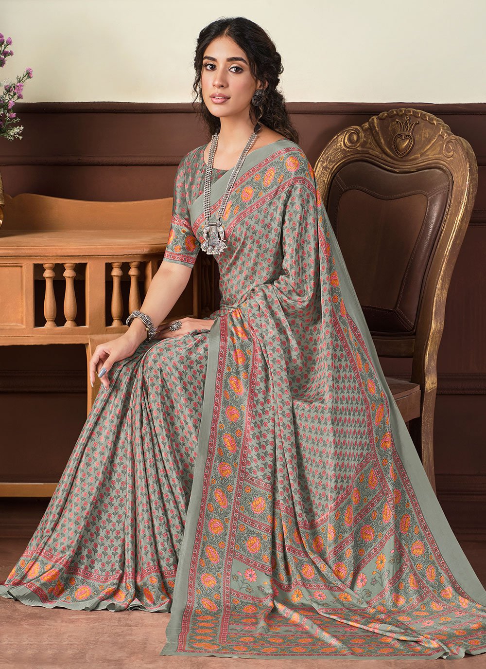 Trendy Saree Crepe Silk Grey Print Saree