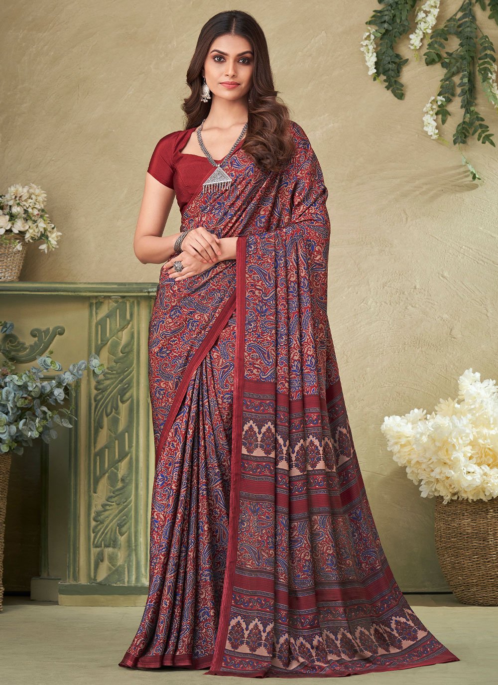 Trendy Saree Crepe Silk Maroon Print Saree