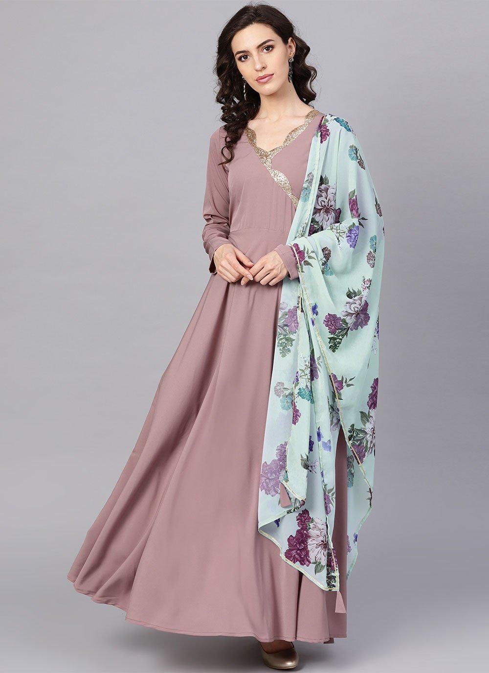 Floor Lenght Salwar Suit Crepe Silk Mauve Lace Gown