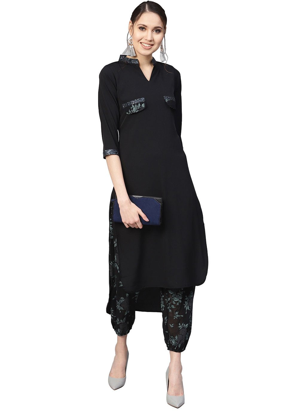 Designer Kurti Crepe Silk Black Print Kurtis