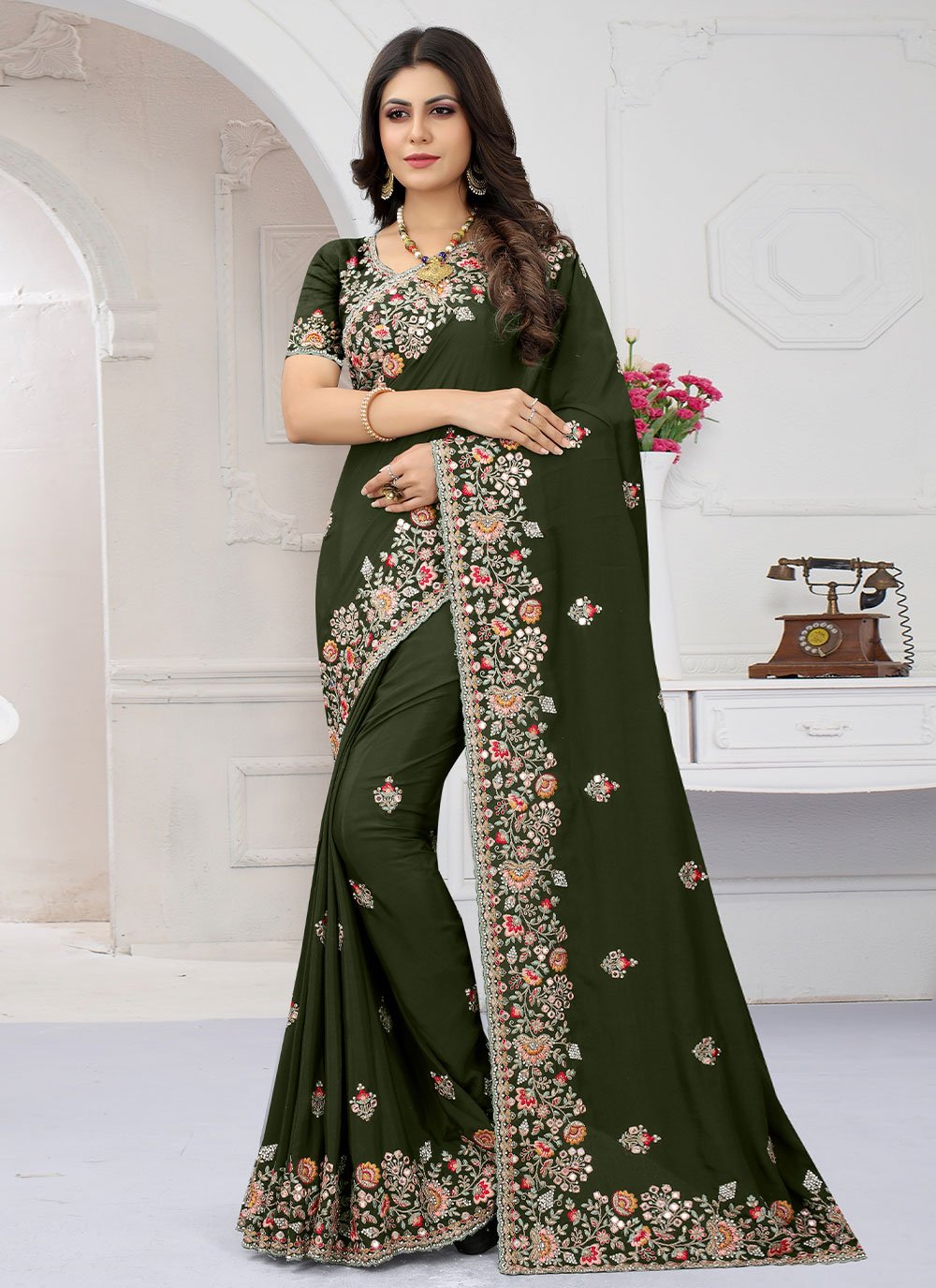 Trendy Saree Crepe Silk Green Embroidered Saree