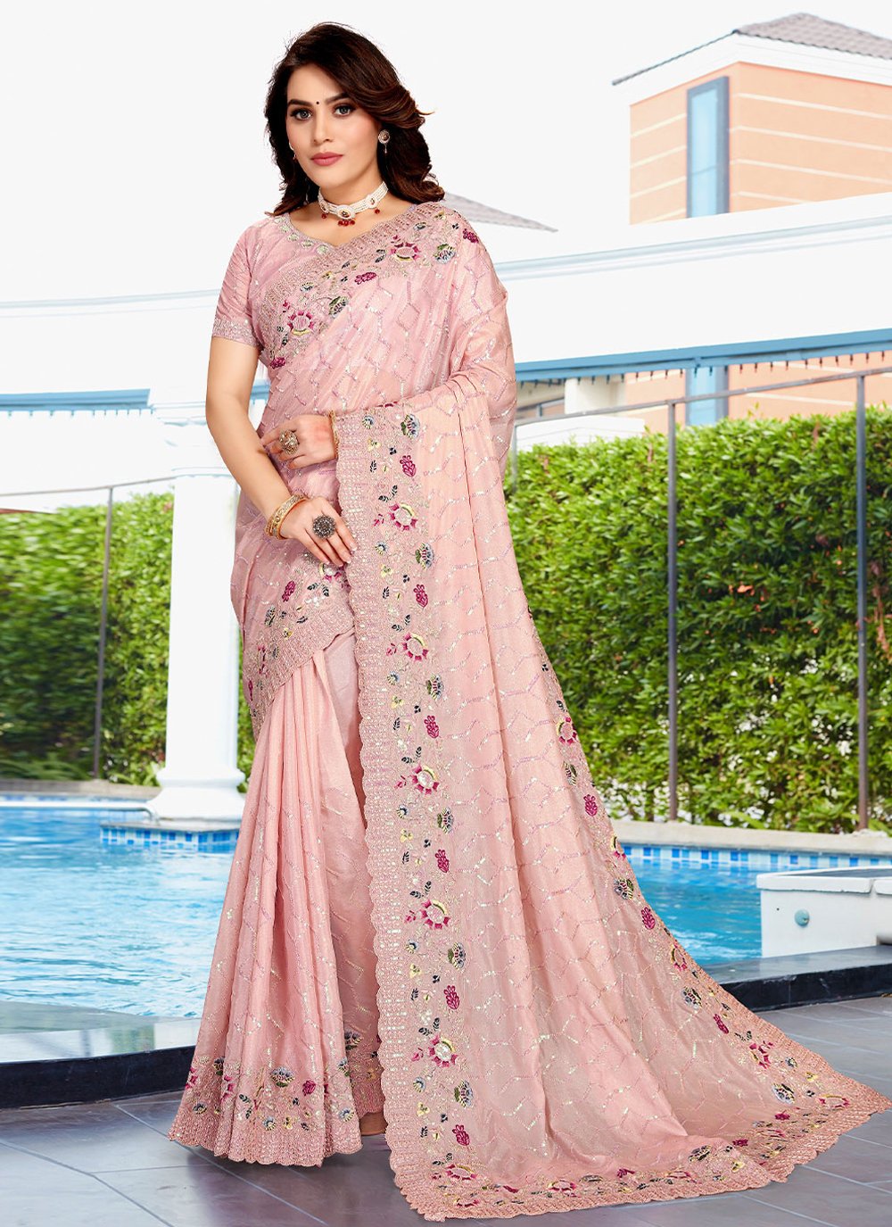 Contemporary Crepe Silk Peach Embroidered Saree