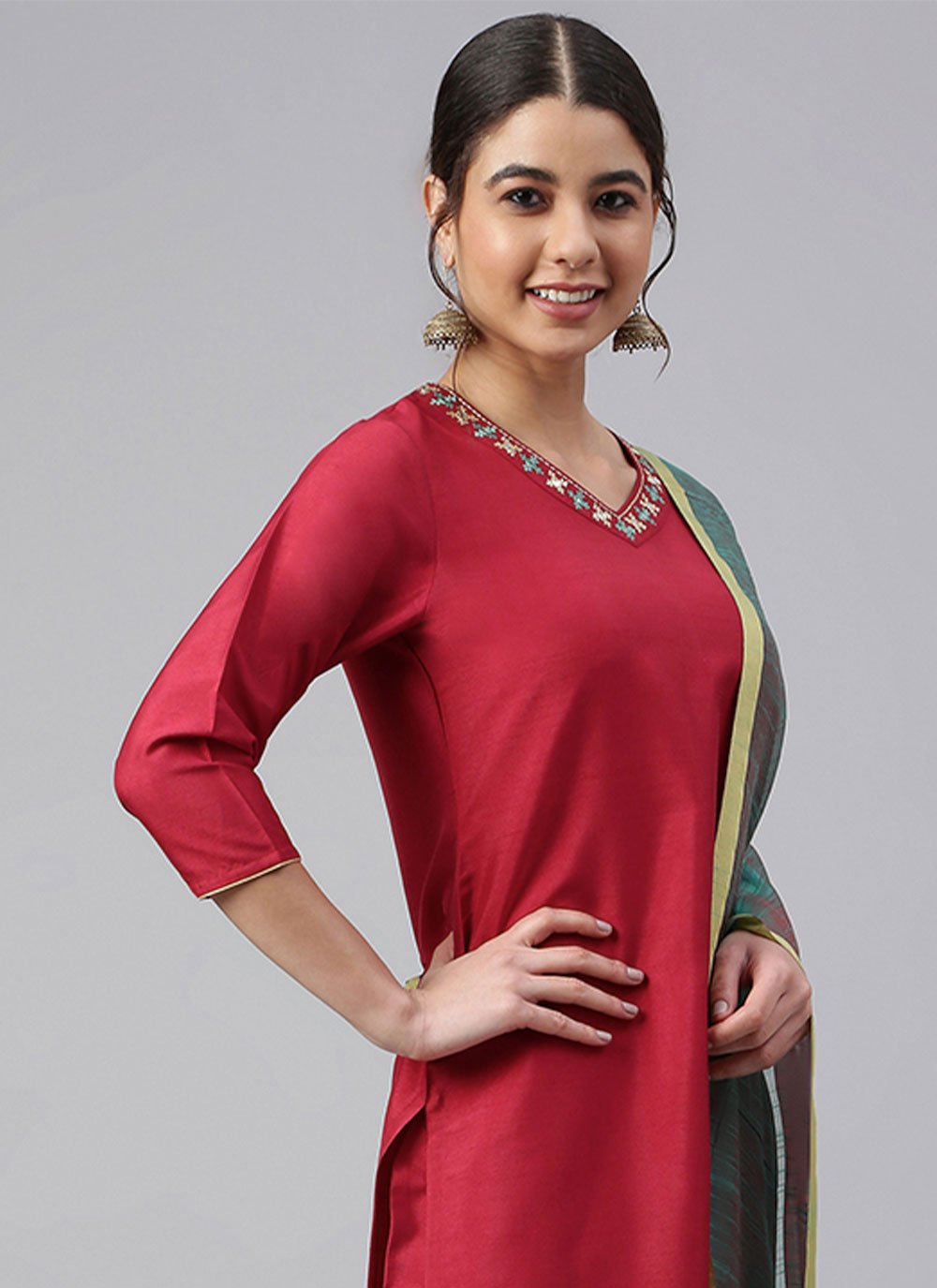 Readymade Style Crepe Silk Red Plain Salwar Kameez