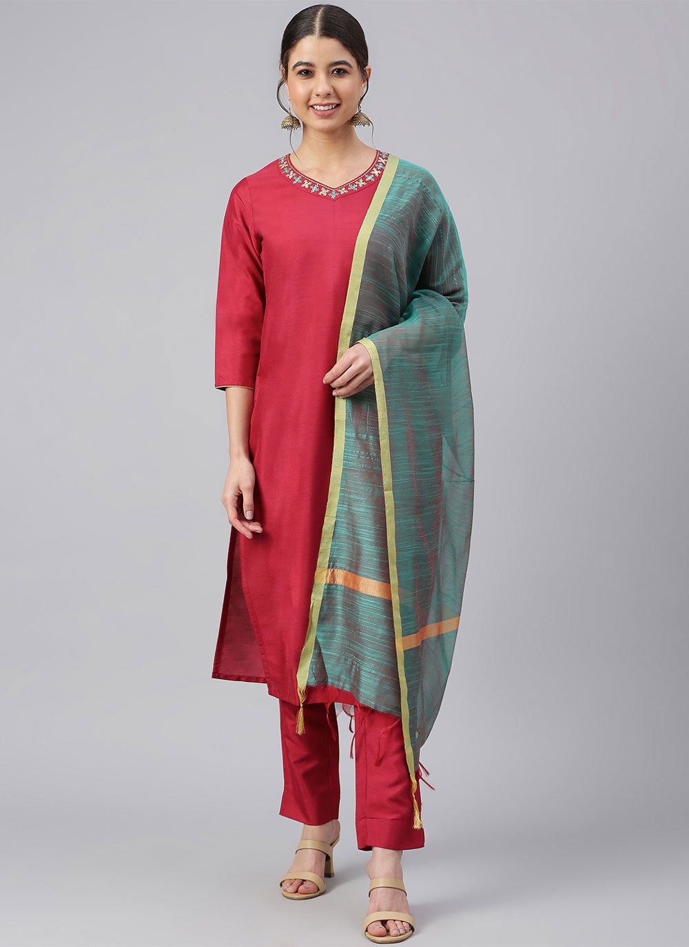 Readymade Style Crepe Silk Red Plain Salwar Kameez