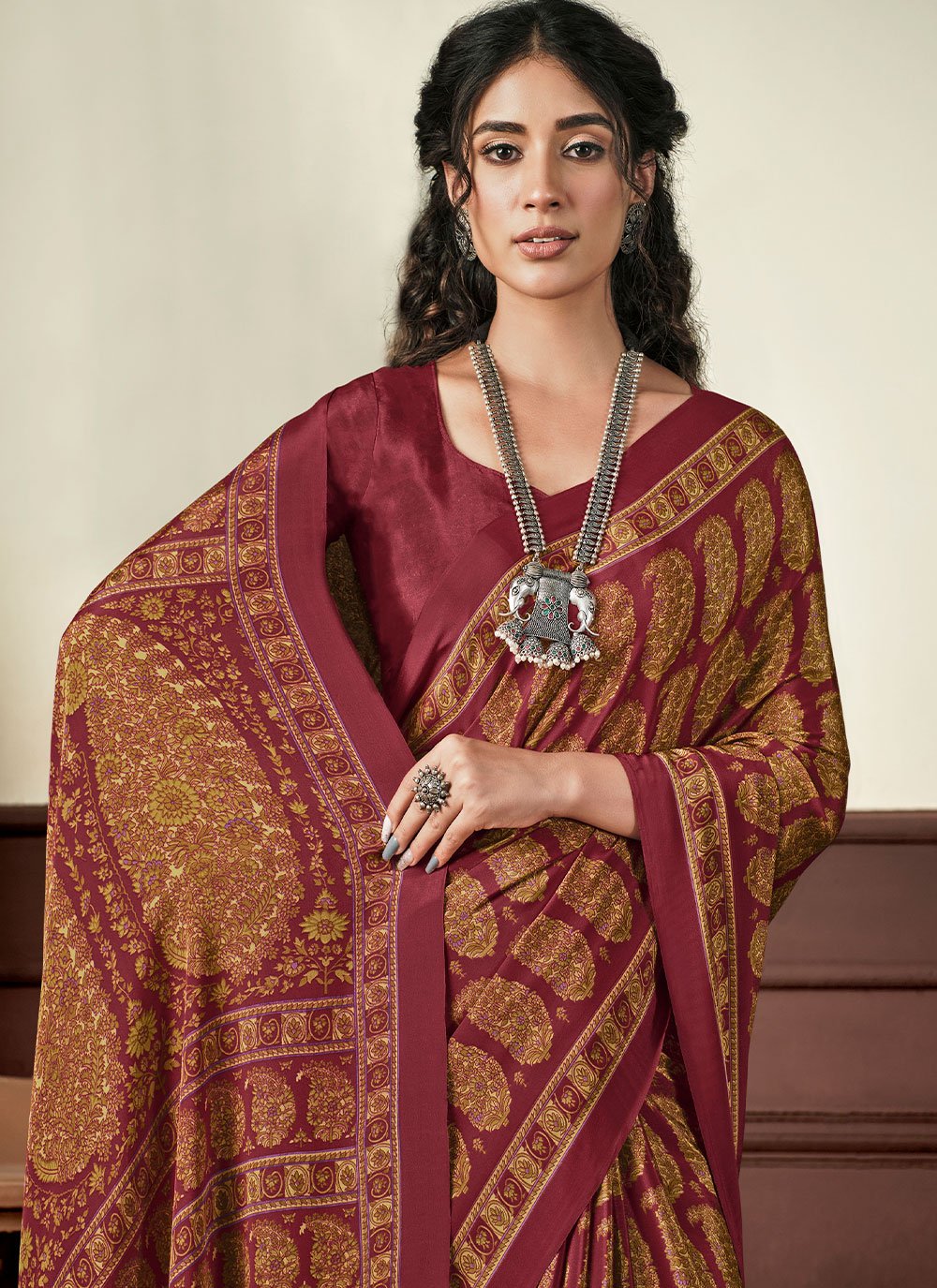 Classic Crepe Silk Maroon Print Saree