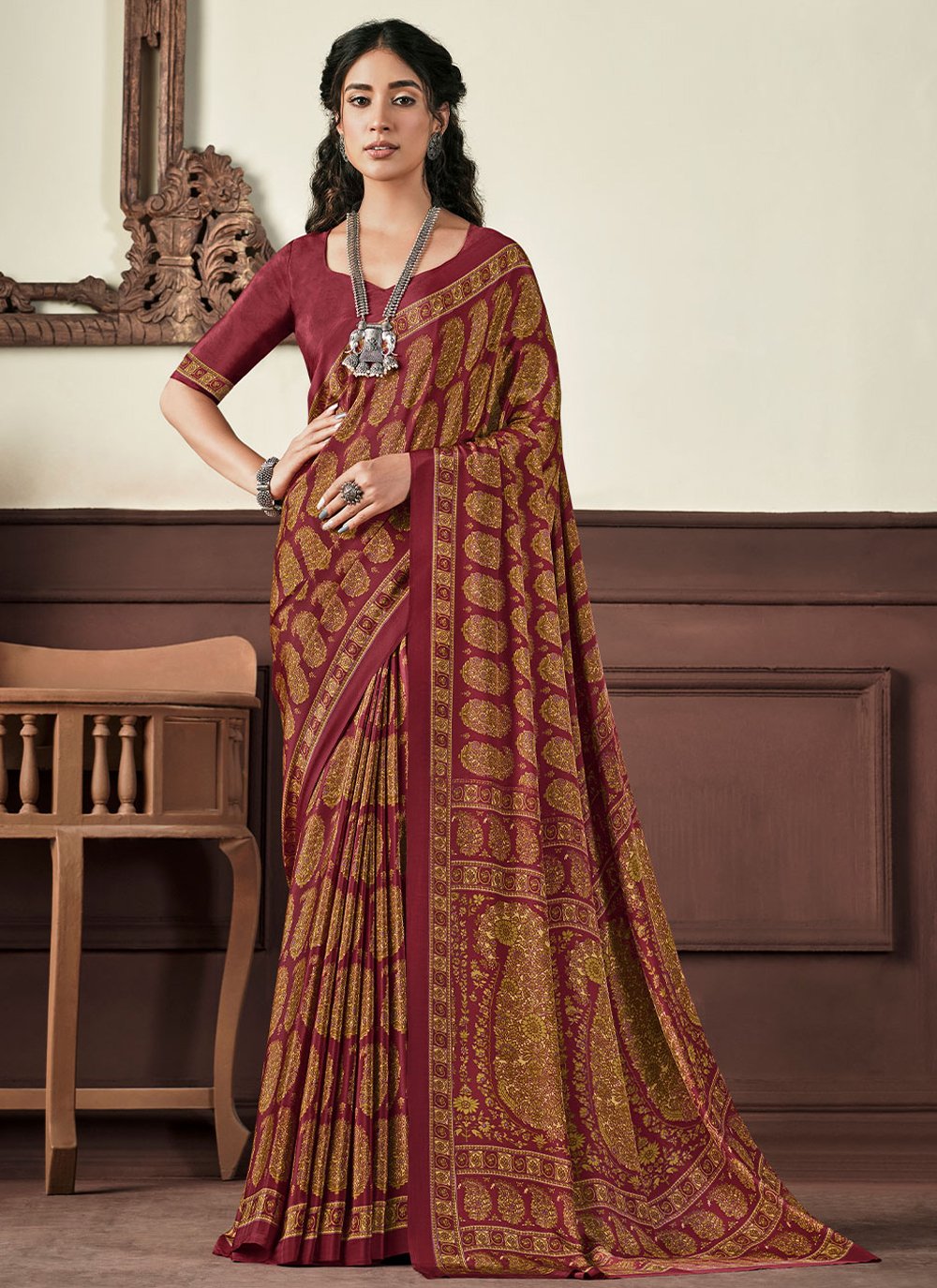 Classic Crepe Silk Maroon Print Saree