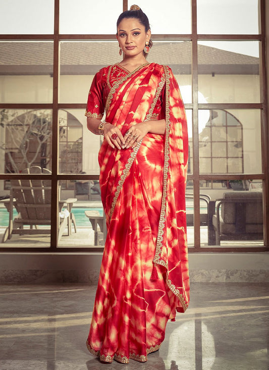 Classic Crepe Silk Satin Red Lace Saree