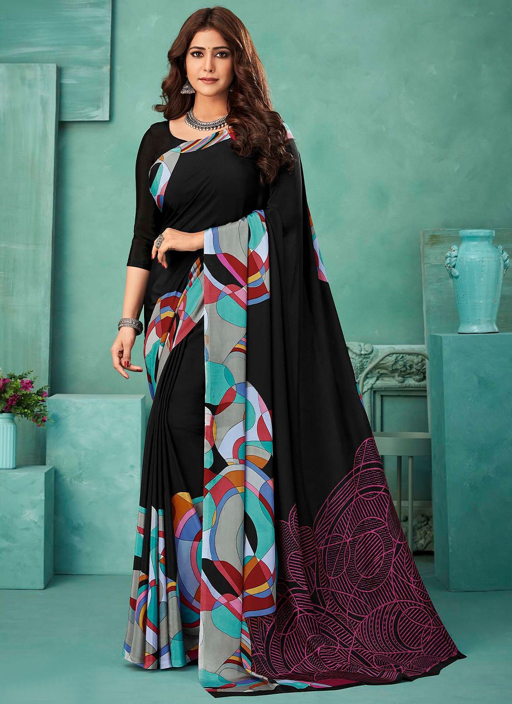 Trendy Saree Crepe Silk Black Print Saree