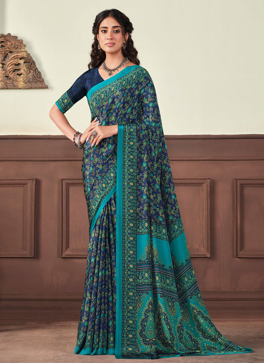 Trendy Saree Crepe Silk Turquoise Print Saree