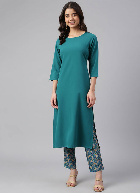 Salwar Suit Crepe Silk Teal Plain Salwar Kameez