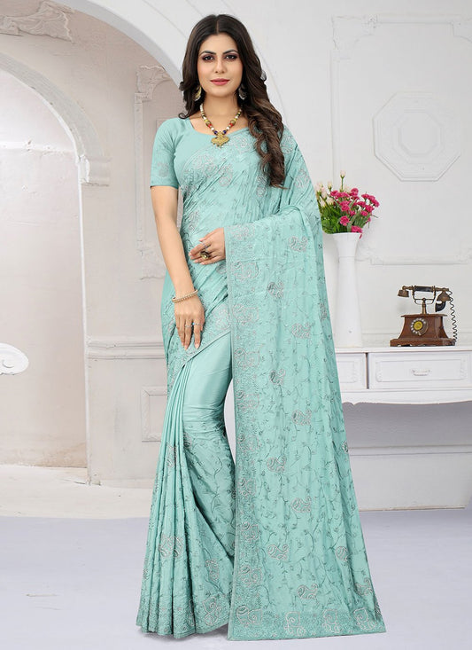 Classic Crepe Silk Aqua Blue Embroidered Saree