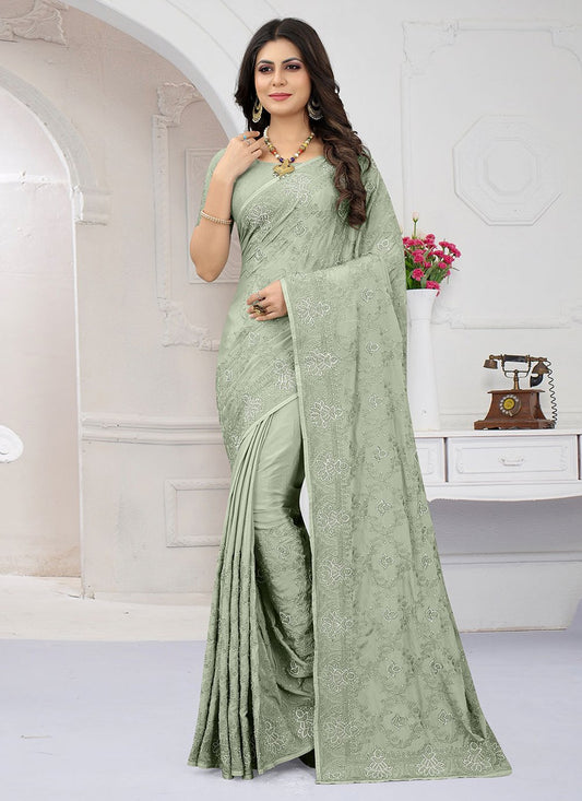 Classic Crepe Silk Green Embroidered Saree