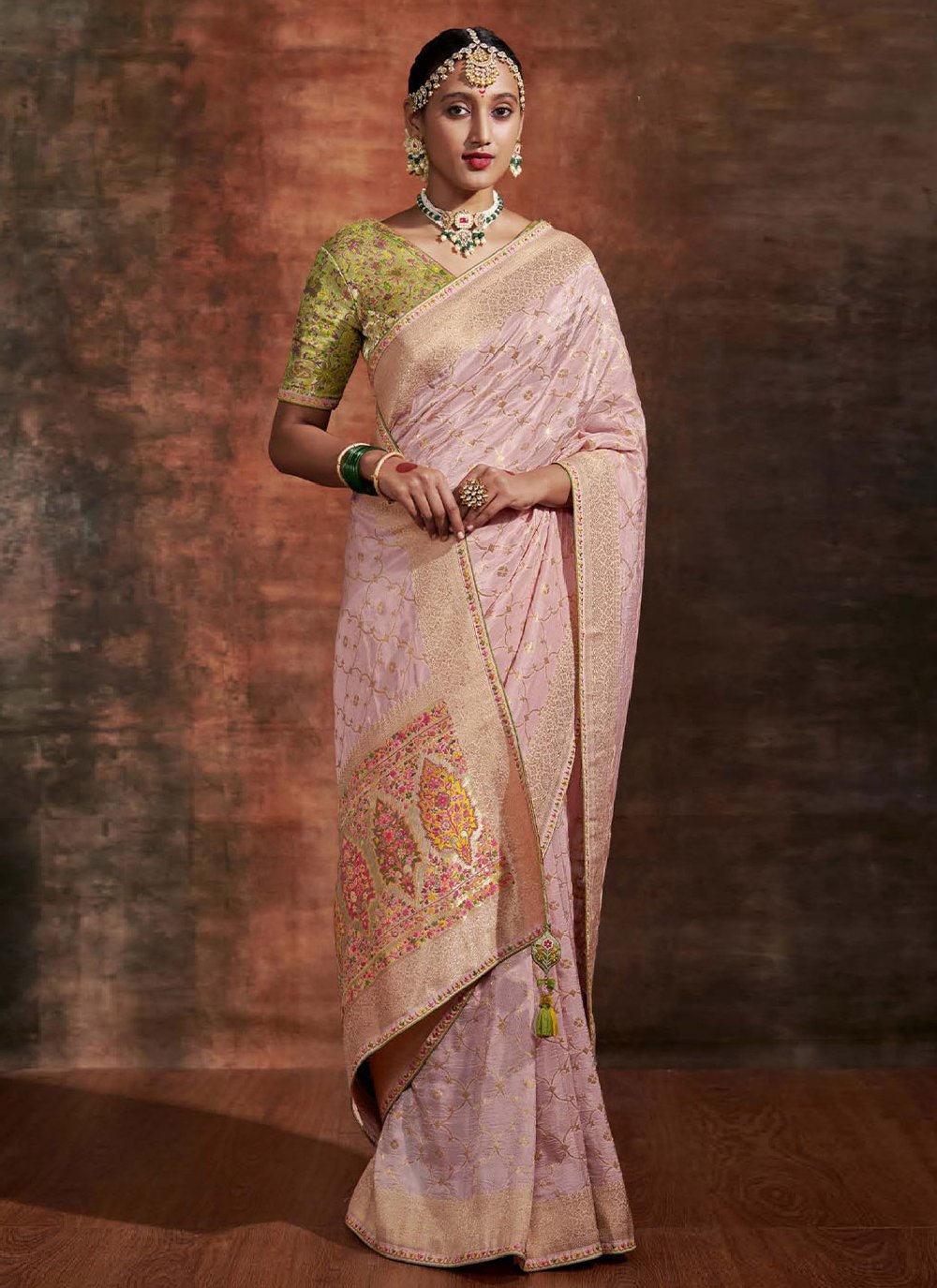 Designer Crepe Silk Pure Dola Pink Kashmiri Saree