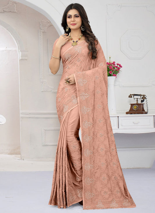 Classic Crepe Silk Peach Embroidered Saree