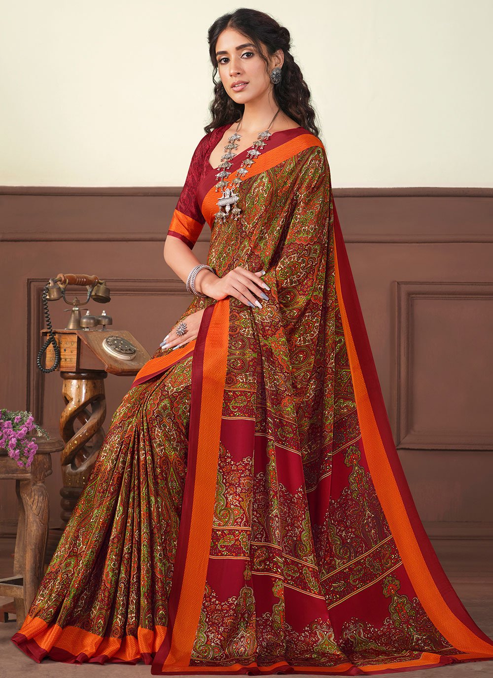 Classic Crepe Silk Brown Print Saree