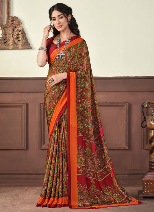 Classic Crepe Silk Brown Print Saree