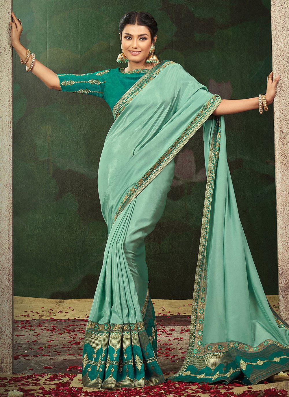 Classic Crepe Silk Sea Green Embroidered Saree