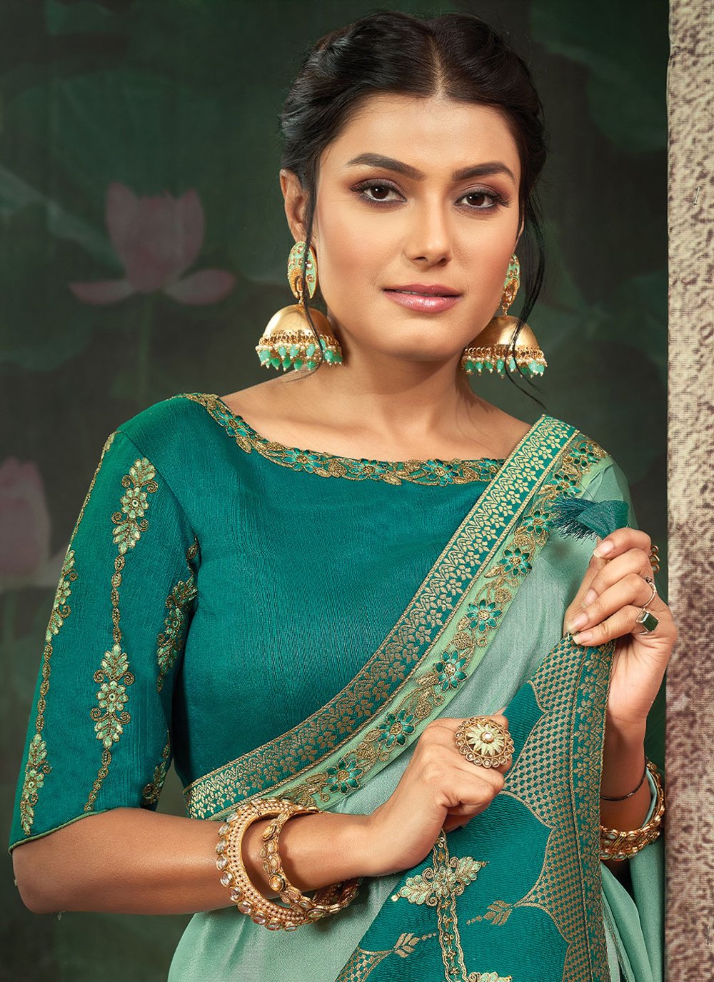 Classic Crepe Silk Sea Green Embroidered Saree