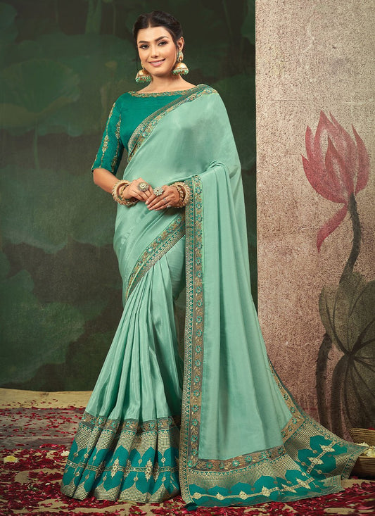 Classic Crepe Silk Sea Green Embroidered Saree