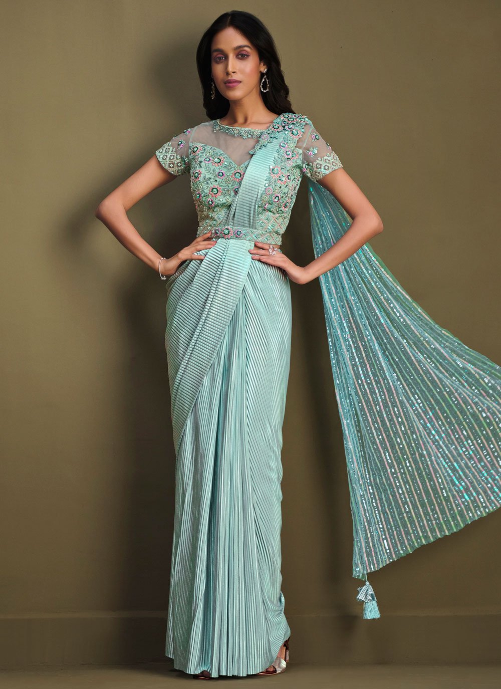 Designer Crepe Silk Fancy Fabric Aqua Blue Embroidered Saree