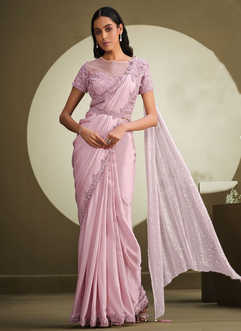 Contemporary Crepe Silk Georgette Pink Embroidered Saree