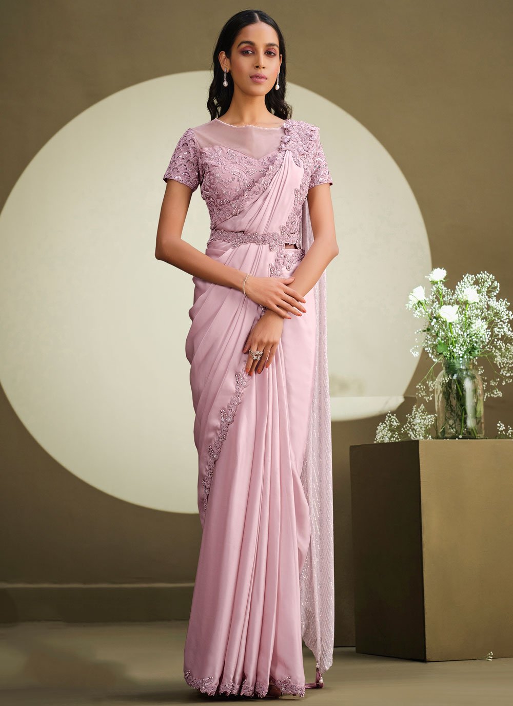 Contemporary Crepe Silk Georgette Pink Embroidered Saree