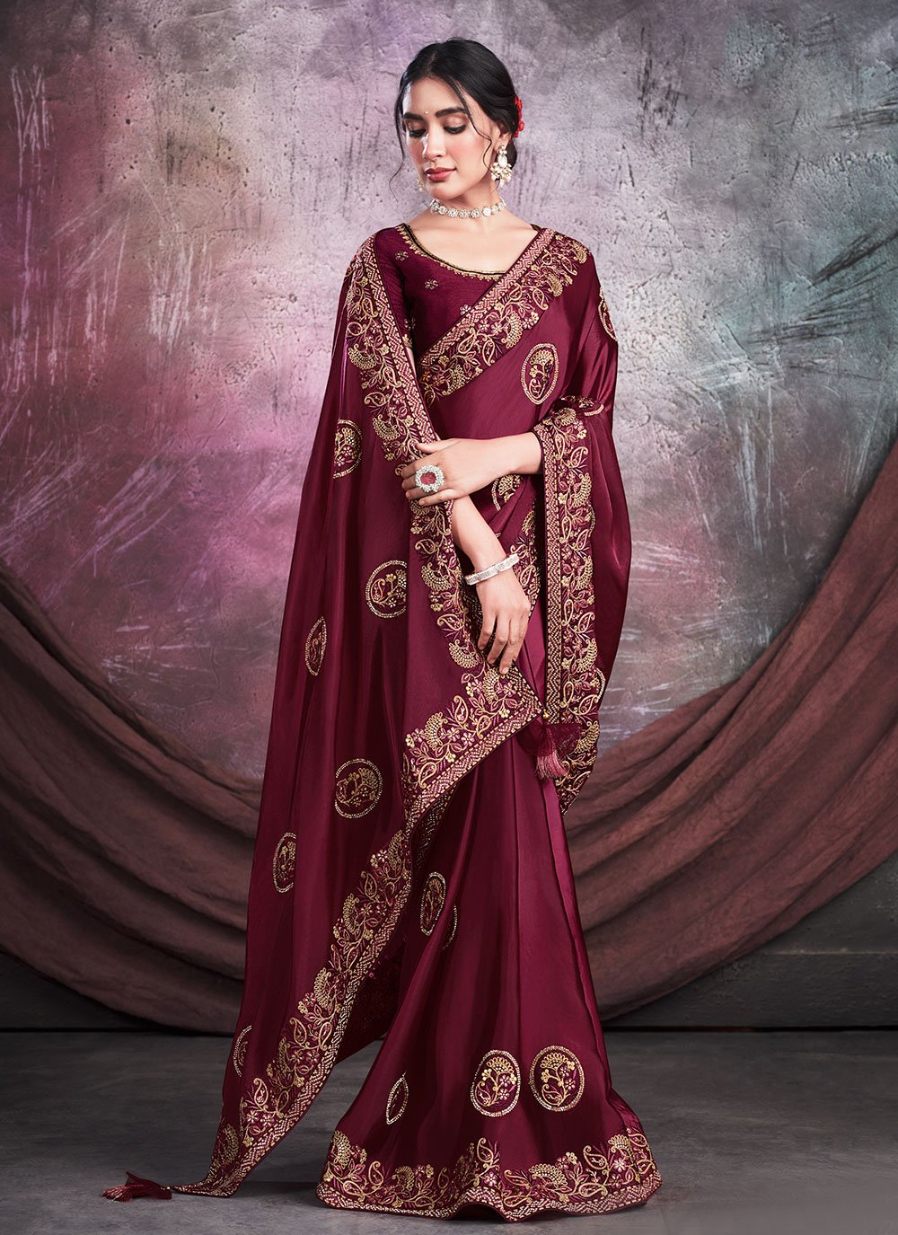 Traditional Saree Crepe Silk Organza Maroon Embroidered Saree