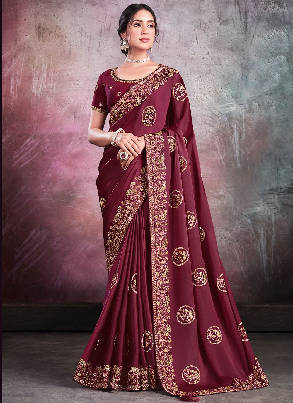 Traditional Saree Crepe Silk Organza Maroon Embroidered Saree