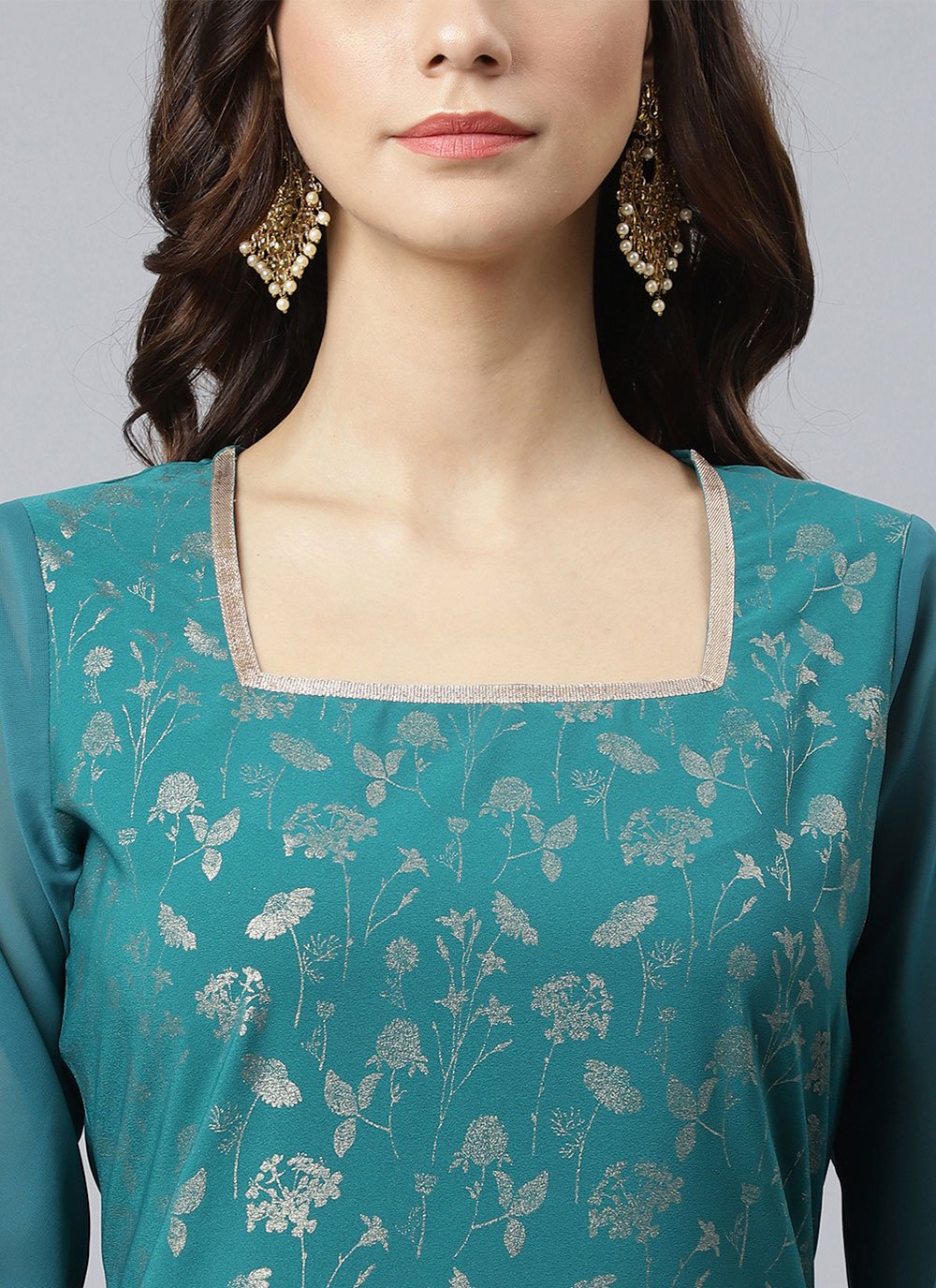 Palazzo Salwar Suit Crepe Silk Teal Print Salwar Kameez