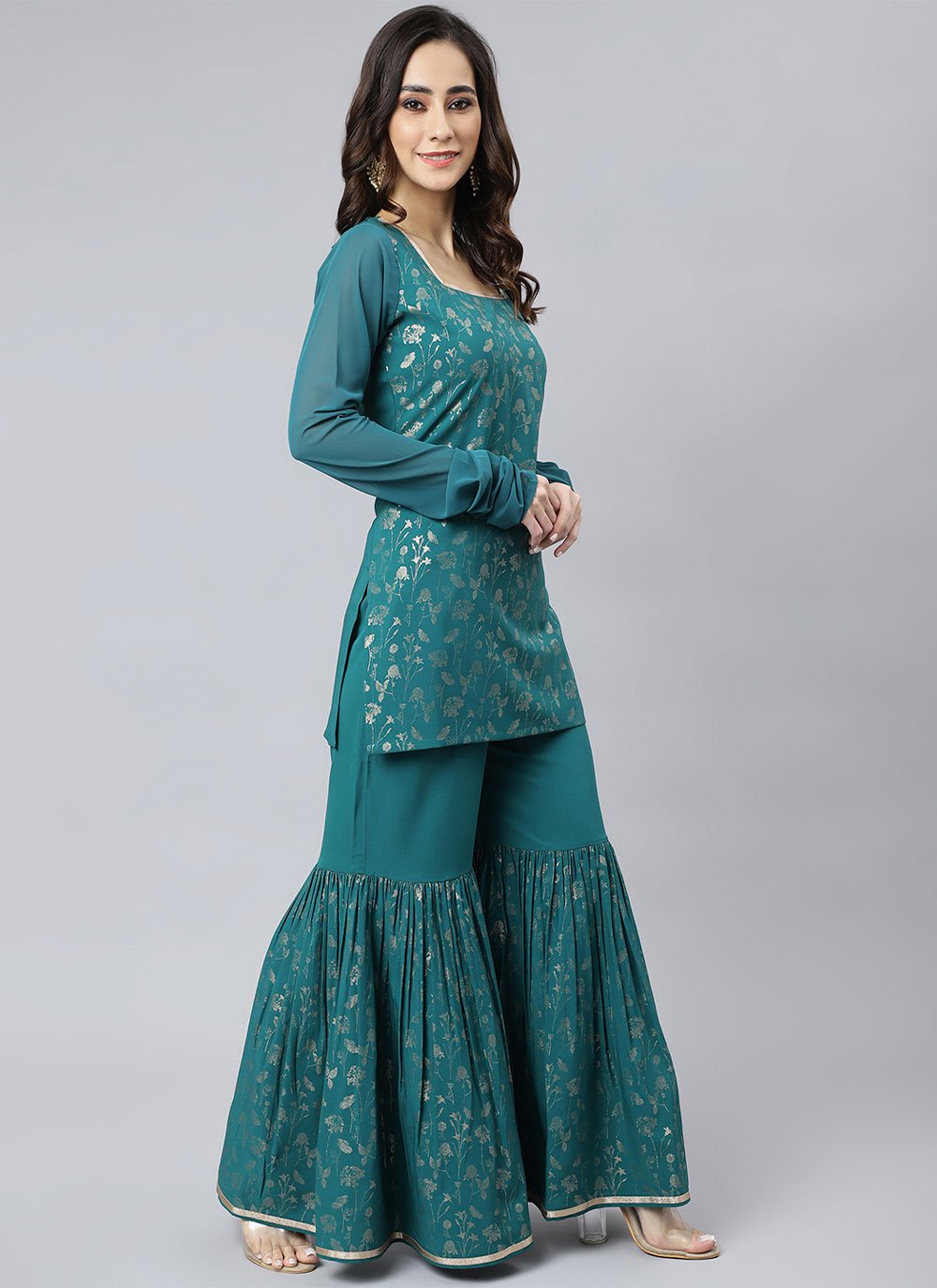 Palazzo Salwar Suit Crepe Silk Teal Print Salwar Kameez