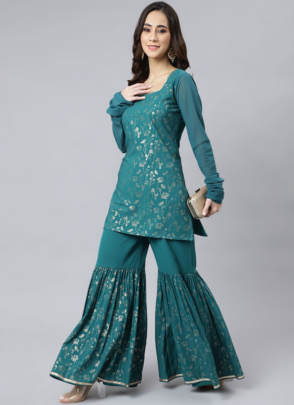 Palazzo Salwar Suit Crepe Silk Teal Print Salwar Kameez