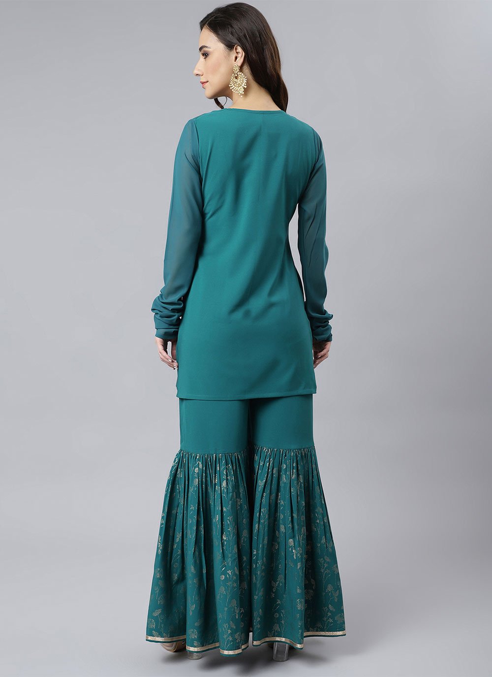 Palazzo Salwar Suit Crepe Silk Teal Print Salwar Kameez