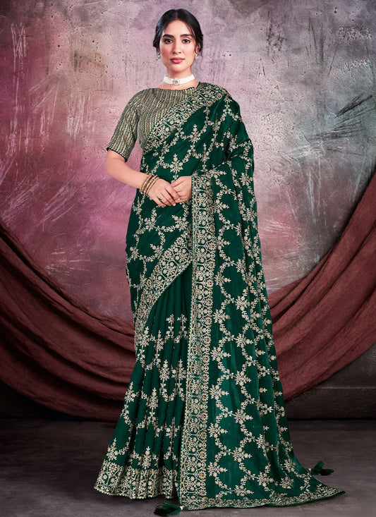 Trendy Saree Crepe Silk Organza Green Embroidered Saree